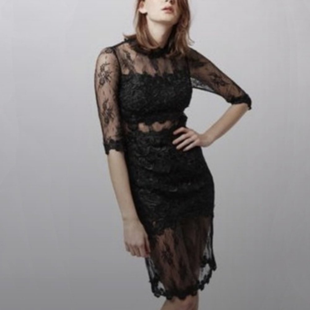 Topshop Premium Black Lace Dress with Sheer Insets